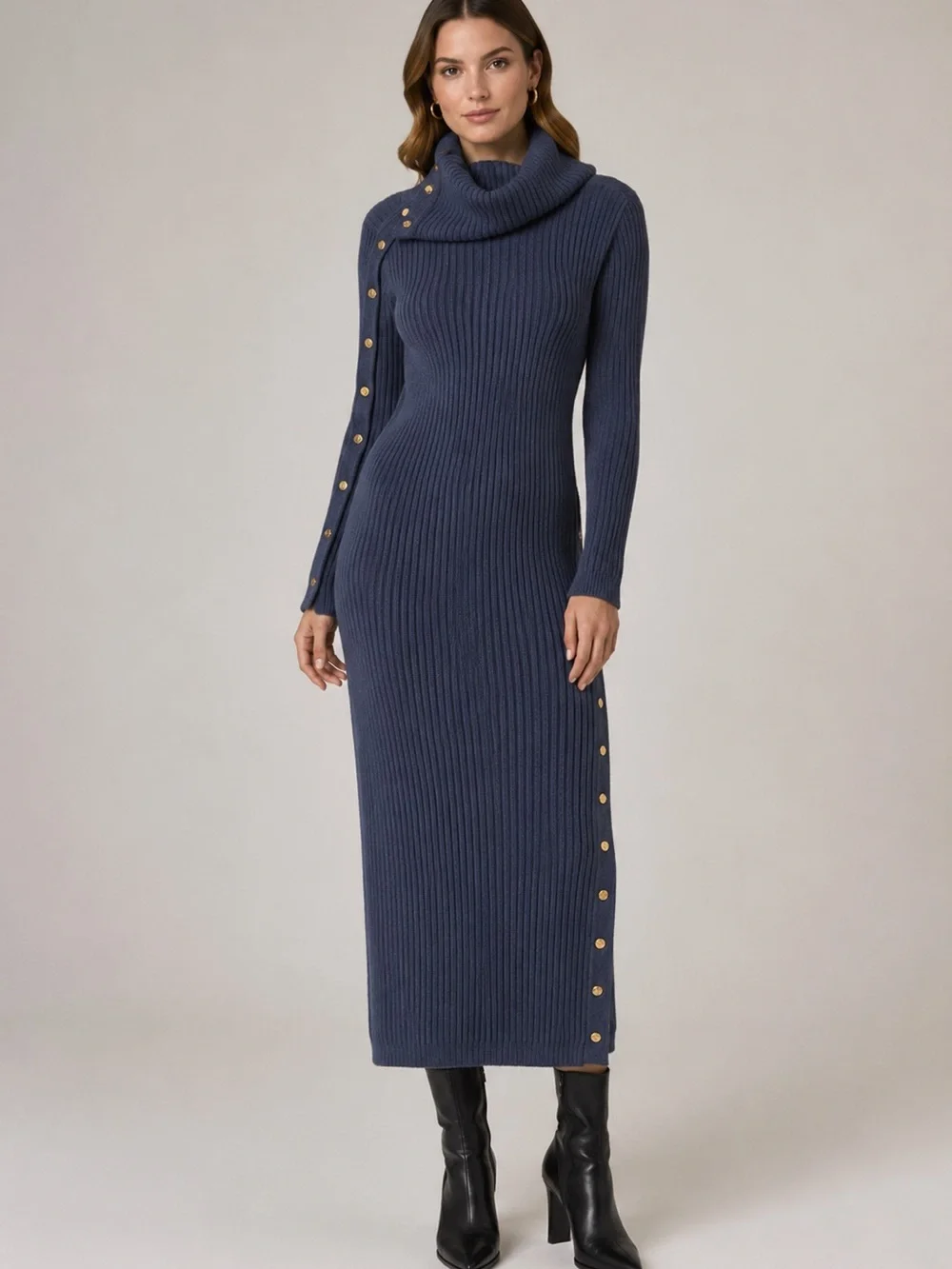 WHBM Long Sleeve Snap Detail Sweater Dress NWT Size Large True Indigo - Picture 1 of 11